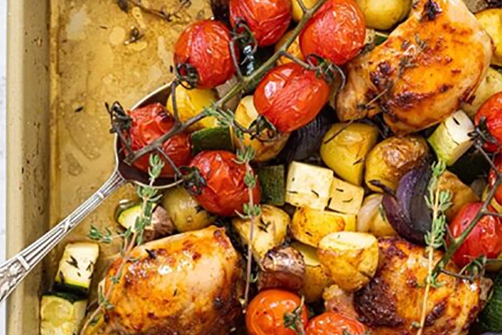 Traybake met Kip, courgette en Balsamico